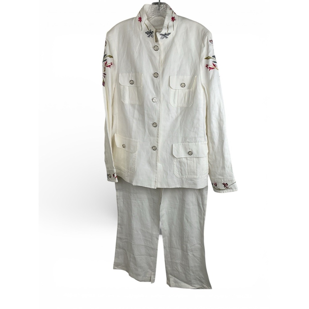 ESCADA 2PC Linen Set Long Safari Jacket + Pants Ivory White Embroidered EU 42 -L - Picture 5 of 16